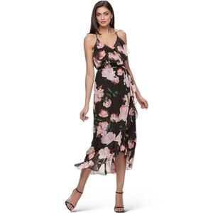 JENNIFER LOPEZ Floral FauxWrap Midi Dress Shimmer Cocktail Ruffle Tier Cascade 2